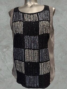 2 for $30 | 80’s Black and Silver Sequin Checkered Sleeveless 100% Silk Top